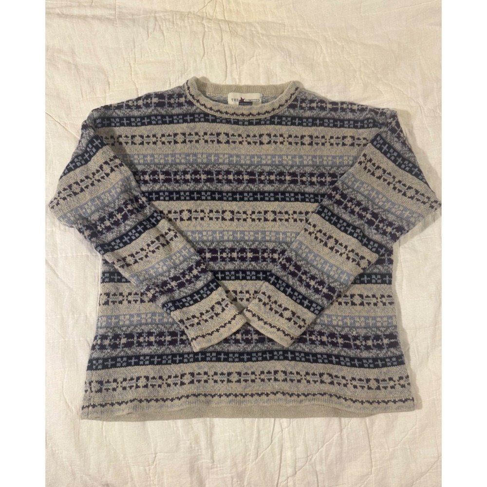 The Limited Vintage Blue Grey Fair Isle Knit Sweater Ramie Cotton Size 16